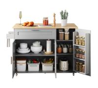 Generisch Grande tavolo da cucina mobile, piano di lavoro pieghevole, armadio multifunzionale, scaffale per spezie, portasciugamani, 5 ruote, adatto per cucina/pranzo/casa,Grigio
