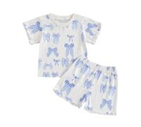 Generisch Grazioso top a maniche corte con stampa a fiocchi, pantaloncini con volant per un elegante outfit da gioco per le piccole fashioniste nella vita di tutti i giorni e nel tempo libero, Blu, 18