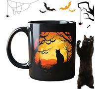 Generisch Halloween Midnight Mystery Black Cat Mug, 11 Oz/320 ml Halloween Mugs Set of 4, Spooky Ceramic Coffee Cup with Gothic Castle Design, Cat Lover Gift (A)