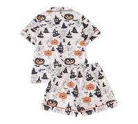 Generisch Halloween-Pyjama-Set 2-Teilig Seidensatin niedliche Nachtwäsche Knopfleiste lustiger Kürbis-Geist-Druck Halloween-Kostüm für Damen Halloween Satin-Pyjama bedruckter Schlafanzug und Shorts.