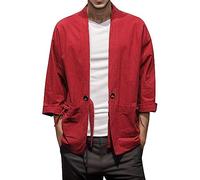 Generisch Hanfu - Kimono da uomo, in cotone e lino, a maniche lunghe, per le mezze stagioni, traspirante, per il tempo libero, leggero, con coulisse, Colore: rosso, 3XL
