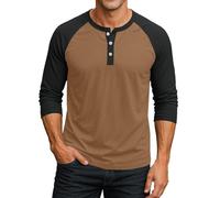 Generisch Henley Shirt da uomo a maniche lunghe, casual, per il tempo libero, maniche raglan, alla moda, in cotone, da uomo, con contrasto, O kaki, XXL