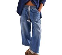Generisch Jeans da donna Baggy Boyfriend, elastic Low Rise Wide Leg Cropped Denim Pants, Regolabili Draw String Jeans da donna, Blu scuro, S