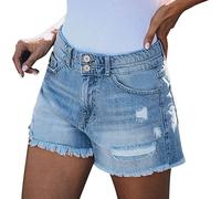 Generisch Jeans da donna casual in denim elastico con vita media classica tasche blu come pantaloni corti per il tempo libero per un comfort moderno, Azzurro, XS