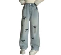 Generisch Jeans da ragazza Streetwear Denim pantaloni cargo a vita alta lunghezza pavimento baggy jeans con gamba larga e tasche da 5 a 16 Y, Blu, 13-14 Anni