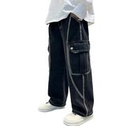 Generisch Jeans da ragazzo, jeans per bambini, pantaloni cargo con elastico in vita, Pantaloni D15 neri, 13-14 Anni