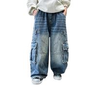 Generisch Jeans da ragazzo, Primavera, e, Medio e Grande, Personalizzati, Retro Multi-Pocket, Pantaloni dritti per ragazze e ragazze, alla moda, grandi, larghi e lunghi, per il tempo libero, 92 98