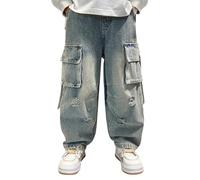 Generisch Jeans da ragazzo primaverile, taglia media e grande, personalizzati, in stile retrò, multi-tasca, per ragazze e ragazze, alla moda, grandi e larghi, per il tempo libero, Azzurro, 11-12 Jahre
