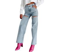 Generisch Jeans eleganti e casual strappati a gamba dritta per donna pantaloni jeans uomo 34/32, Blu, M