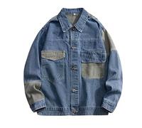 Generisch Jeans - Giacca da uomo con bottone a risvolto, con blocco dei colori, con tasche con patta, comodo, pratico cappotto in jeans Hipster Style Streetwear, Azzurro, XL