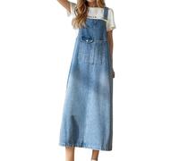 Generisch Jeans vestito estivo da donna, con cinturino regolabile, elegante, lungo, in jeans, senza maniche, con tasche, comoda gonna a salopette, per il tempo libero, maxi abito con spalline, Azzurro