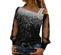 Generisch Karneval Ärmel Mesh Kalt Tops Lose Schulter Pailletten T Shirt Beiläufige Lange Print Splice Frauen Bluse Frauen Bluse Karneval Kostüm, Grigio chiaro, S