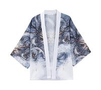 Generisch Kimono Cardiqan Uomo Giapponese Baggy Uomo Camicie Giacca Ricamata Accappatoio Yukata Coat Tradizionale Giappone Haori Mantello Robe Moda Ukiyoe Top, grigio., XXL