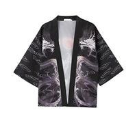 Generisch Kimono Cardiqan Uomo Giapponese Baggy Uomo Camicie Giacca Ricamata Accappatoio Yukata Coat Tradizionale Giappone Haori Mantello Robe Moda Ukiyoe Top, Nero , L