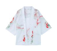 Generisch Kimono Cardiqan Uomo Giapponese Baggy Uomo Camicie Giacca Ricamata Accappatoio Yukata Coat Tradizionale Giappone Haori Mantello Robe Moda Ukiyoe Top, bianco, XXL