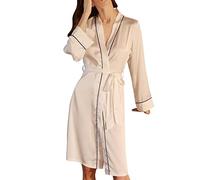 Generisch Kimono da donna in poliestere satinato, con stampa a maniche lunghe, per una comoda biancheria da notte, bianco, S