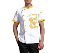 Generisch Küche Uniform - Giacca da cuoco da uomo, con ricamo, a maniche corte, leggera, da lavoro, comoda, con bottoni, cappotto da cucina, colletto alto, da lavoro, da cucina, uniforme, bianco, XXL