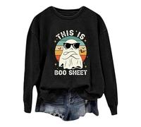 Generisch La moda di Halloween da donna presenta una stampa fantasma su una felpa con cappuccio a maniche lunghe con scollo rotondo., Nero , S