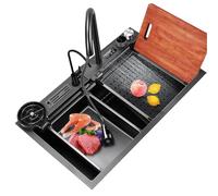 generisch Lavello da cucina digitale a cascata con portacoltelli, tagliere e lavandino per tazze, 75 x 46 cm, grande lavello singolo, lavello a sifone in acciaio inox