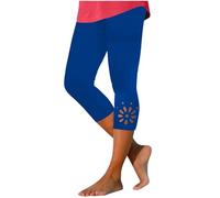 Generisch Leggings Damen Dehnbare Capri-Leggings für Damen mit hoher Taille, Sommer, Strand, lässige Übungs-Yogahose mit Ösen-Spitzendetail (Blue, L)
