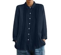 Generisch Leinenbluse mit Spitzenpatchwork, Langen Ärmeln, Reverskragen und Falten - Ein lässiges Sommer-Top. (Navy, L)