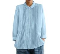 Generisch Leinenbluse mit Spitzenpatchwork, Langen Ärmeln, Reverskragen und Falten - Ein lässiges Sommer-Top. (Blue, XXXXL)