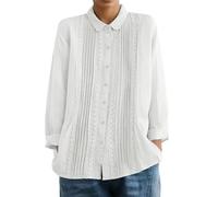 Generisch Leinenbluse mit Spitzenpatchwork, Langen Ärmeln, Reverskragen und Falten - Ein lässiges Sommer-Top. (White, XXL)
