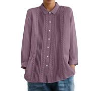 Generisch Leinenbluse mit Spitzenpatchwork, Langen Ärmeln, Reverskragen und Falten - Ein lässiges Sommer-Top. (Purple, M)