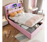 Generisch Lettino 90 x 200 cm con spazio di archiviazione e illuminazione a LED - Letto imbottito con porte USB, sistema di archiviazione ad aria compressa, portata 200 kg - Singolo Rosa/Beige/Grigio
