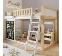 Generisch Lettino a soppalco per bambini con pannello creativo e contenitore | ringhiera di sicurezza, spazio di archiviazione individuale, 90 x 200 cm | bianco+naturale (pino+MDF)