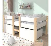 Generisch Lettino per bambini con cassetto e protezione dalla caduta, in legno di pino massiccio, 90 x 200 cm, bianco e rovere
