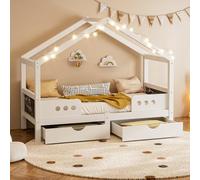Generisch Lettino per bambini con design a tetto e 2 cassetti, robusto letto in legno/MDF con vernice UV (inodore), per materassi da 90 x 200 cm, portata 120 kg, pratico spazio per la cameretta dei