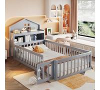 Generisch Lettino per bambini in legno massello a forma di casa con lavagna, spazio e griglia di protezione, 90 x 200 cm, grigio