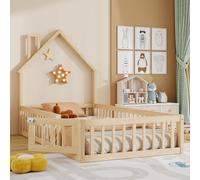 Generisch Letto a casetta da 90 x 200 cm, con forma di camino e rete a doghe, letto per bambini in legno di pino con griglia di sicurezza, senza materasso per la cameretta dei bambini