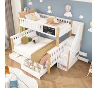 Generisch Letto a castello per bambini con lavagna, cassetti e armadietto per scale - bianco + rovere chiaro, 90 x 200 e 140 x 200 cm, portata 120 kg per livello