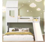 Generisch Letto a castello per bambini con scivolo e design letto a casa, 90 x 200 cm e 140 x 200 cm, ringhiera di sicurezza, pino+MDF bianco, salvaspazio, paradiso per il sonno