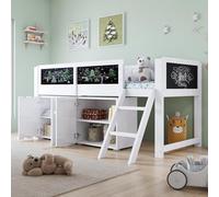 Generisch Letto a soppalco per bambini, 90 x 200 cm, con armadio a doppia porta, lavagnetta per dipingere, scaletta inclinata a due livelli e ringhiera di sicurezza in legno di pino MDF compensato