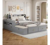 Generisch Letto combinato in legno massello, 140 x 200 cm, con credenza di stoccaggio, divano, cassetti e testiera imbottita, grigio, matrimoniale multifunzionale per una vita moderna