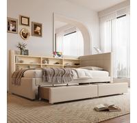 Generisch Letto da giorno 90 x 200 cm, divano letto con 2 cassetti, porte di ricarica USB-C e tipo C, testiera multifunzione con scomparti, rivestimento in tessuto di lino beige/grigio, per soggiorno