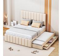 Generisch Letto imbottito 140 x 200 cm con letto estraibile e cassetti, imbottitura in lino delicato sulla pelle, letto matrimoniale, letto per bambini, letto per gli ospiti (beige)