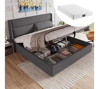 Generisch Letto imbottito grigio 160 x 200 cm con spazio idraulico e poggiatesta regolabile - Include materasso in schiuma fredda a 7 zone per chi dorme sul fianco, telaio in metallo e design Wingback