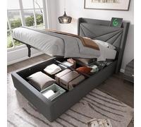 Generisch Letto imbottito singolo, contenitore per letto con funzione di ricarica USB tipo C, testiera, letto in materiale di lino, 90 x 200 cm, con griglia (senza materasso)
