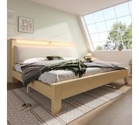 Generisch Letto matrimoniale in legno, 180 x 200 cm, testiera con vano portaoggetti, illuminazione e schienale imbottito in velluto beige, telaio del letto con doghe in legno, rovere chiaro (senza