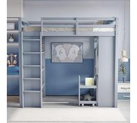 Generisch Letto rialzato, 90 x 200 cm, con mensole multilivello, con semplici grucce e ripiani, con 1 carrello portaoggetti rimovibile, molto spazio, letto per ragazzi, letto singolo, grigio