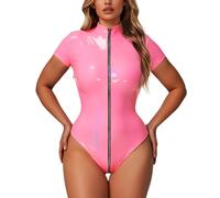 Generisch Lingerie sexy da donna per sesso collant glitterati con cavallo aperto e pelle lucida da donna, collant con chiusura lampo Body Lingerie, Colore: rosso, XL