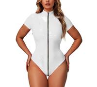 Generisch Lingerie sexy da donna per sesso collant glitterati con cavallo aperto e pelle lucida da donna, collant con chiusura lampo Body Lingerie, bianco, 3XL