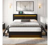 Generisch Lit capitonné 140 x 190 cm Avec Port USB (prend en Charge le chargement sans fil et filaire), Avec éclairage et Quatre tiroirs de Rangement, sans matelas, design PU Litchi, Noir