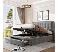 Generisch Lit rembourré 140 x 190 Avec sommier à Lattes et tête de lit, lit de rangement, lit rembourré hydraulique, lit Double, Avec 2 tiroirs, Support de Lattes en Bois, velluto, grigio
