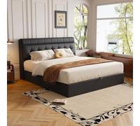 Generisch Lit rembourré de Style, 140x190, lit idraulico, Rangement caché au Chevet, Rangement Pour le coffre de lit, PU, Avec sommier à Lattes et Avec tête de lit, sans matelas, Noir