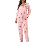 Generisch Loungewear - Set da donna in cotone, con bottoni, scollo a V, 2 pezzi, per la casa, per il tempo libero, n, XL